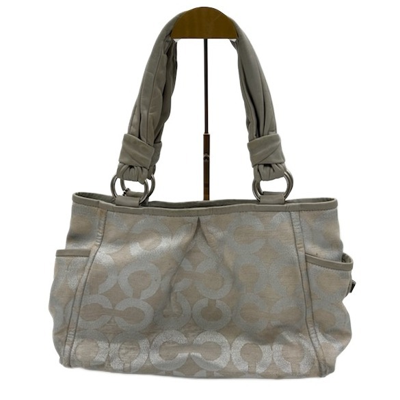 Coach Signature Silver Metallic Beige Leather Canvas Satchel Tote Bag Purse Y2k